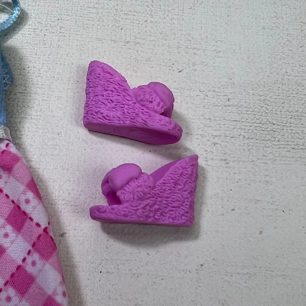 Barbie Doll Pink Gingham Dress Blue Bodice and Purple Wedge Shoes Outfit Set
